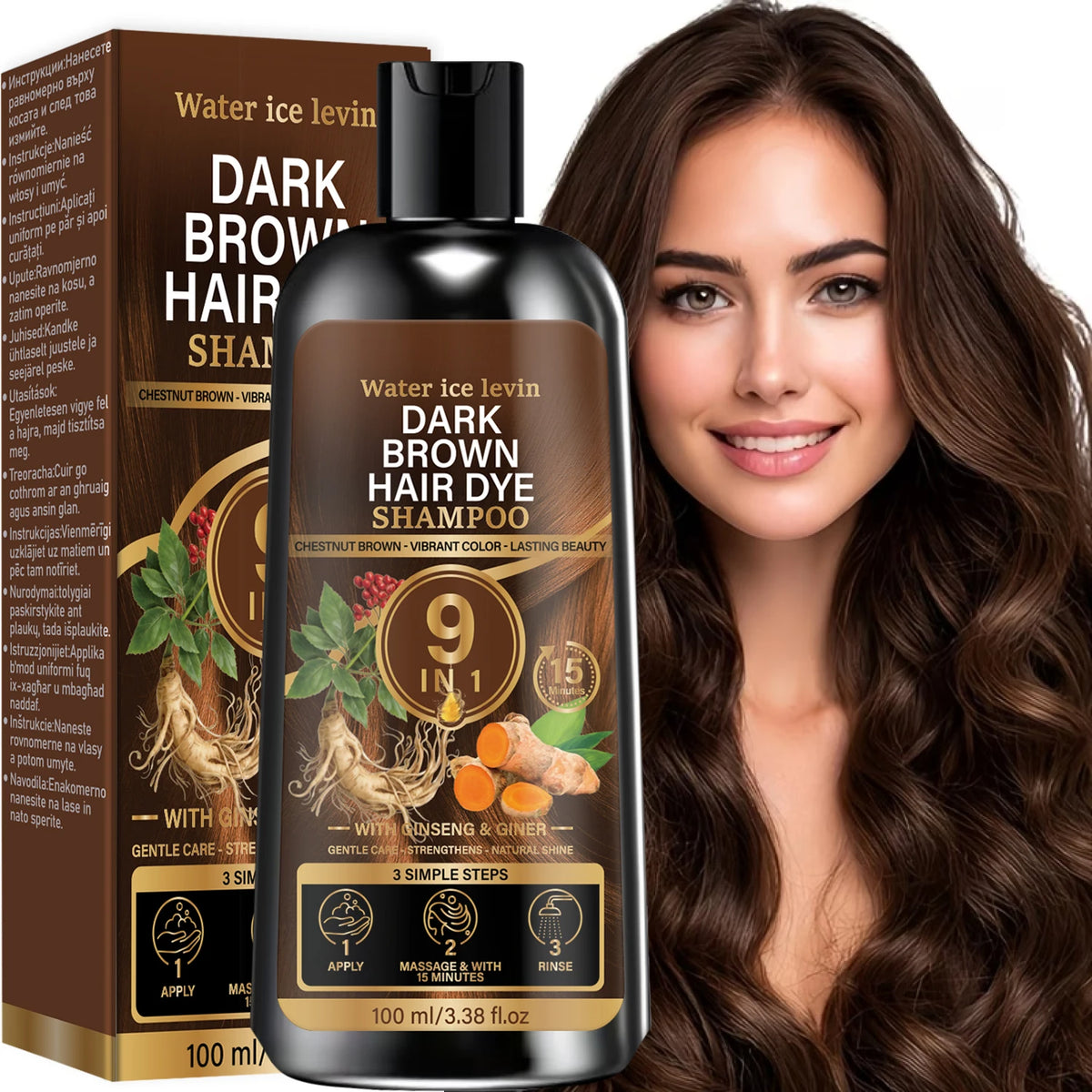 9-in-1 Natural Dark Brown Hair Dye Shampoo with Ginseng and Ginger, Gentle Coloring Shampoo for Long-Lasting Chestnut Hair Color, 100ml